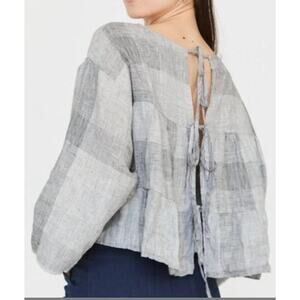 Esby Kiko Tie-Back Top Broken Plaid 100% Linen Gray White Womans Small